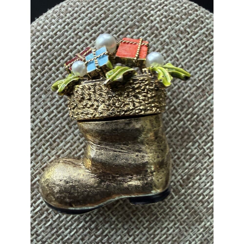 Art Christmas Boot Brooch 1960s Santa 1960s Presents Enameled Signed Holiday Vtg